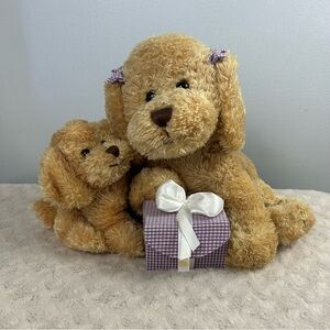 RBI Tan Mom & Puppy Dog Plush Stuffed Animal Purple Plaid Gift Box Mother's Day